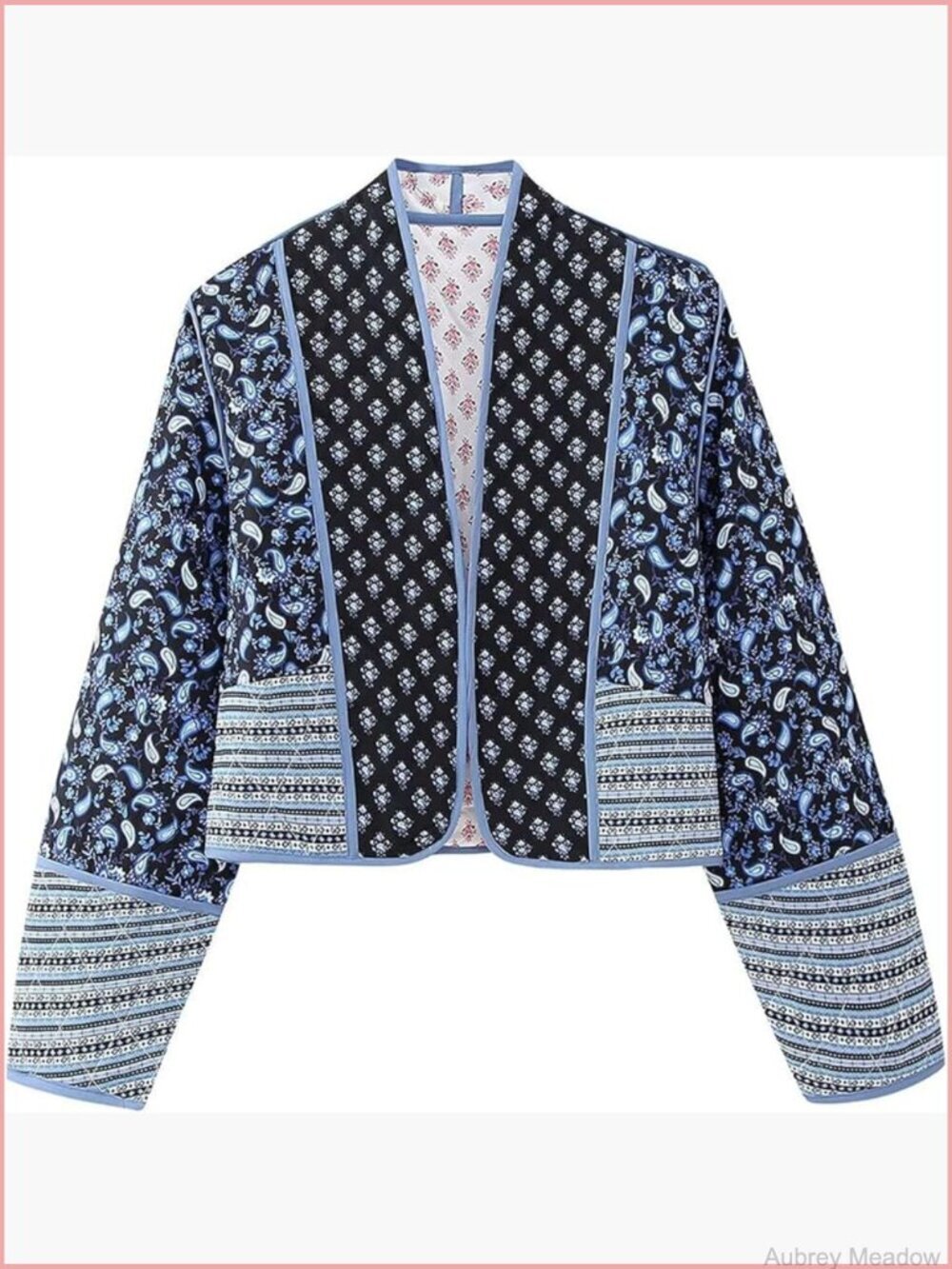 Women Cropped Puffer Jacket Floral Quilted Lightweight Open Front Cardigan Coat